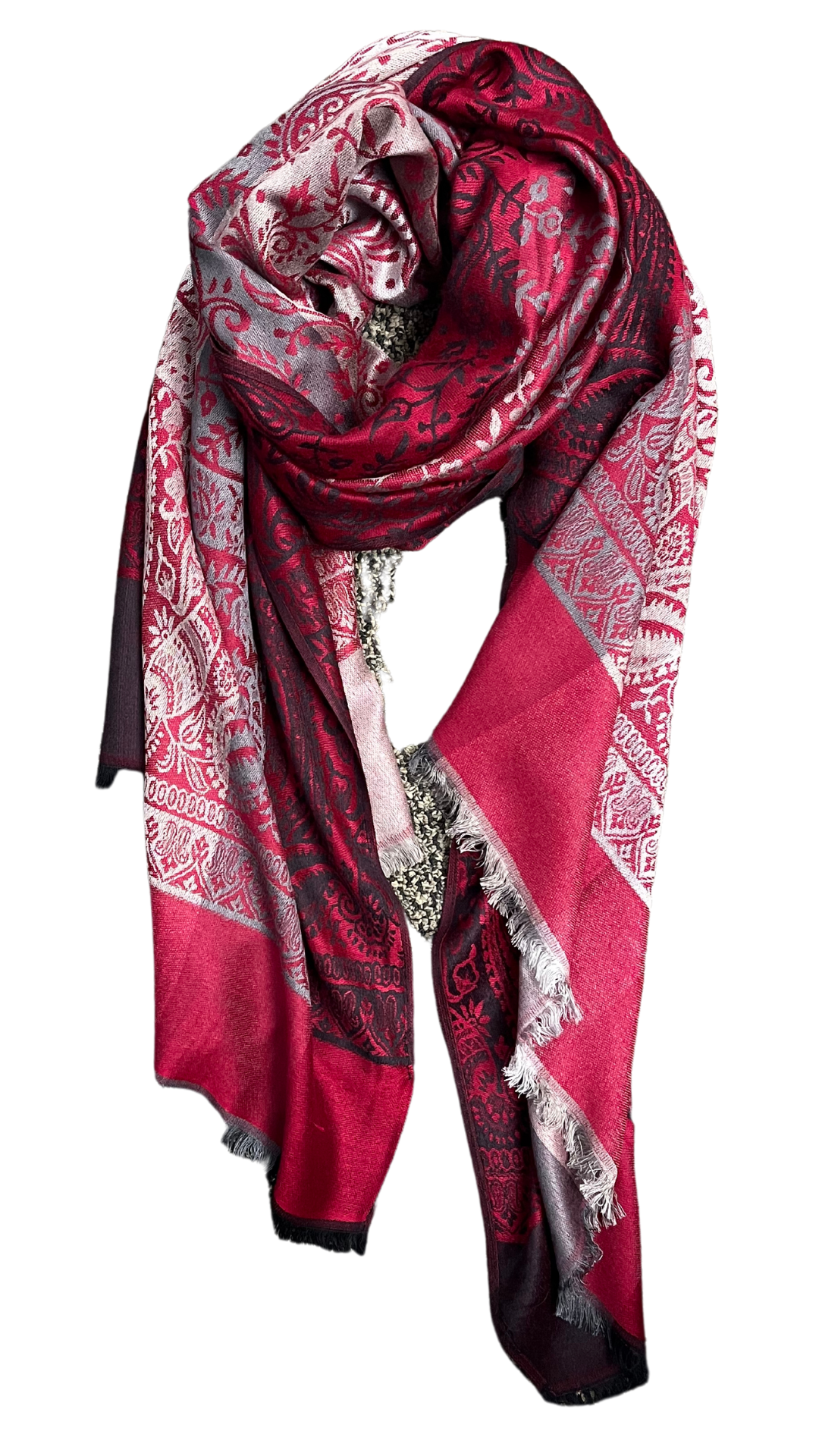 Paisley Print Black/Red/Grey Pashmina Scarf. Style ELWANITA15-RED