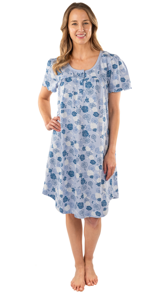 Rose Print Mid Length Nightgown. Style PL110-2BLU