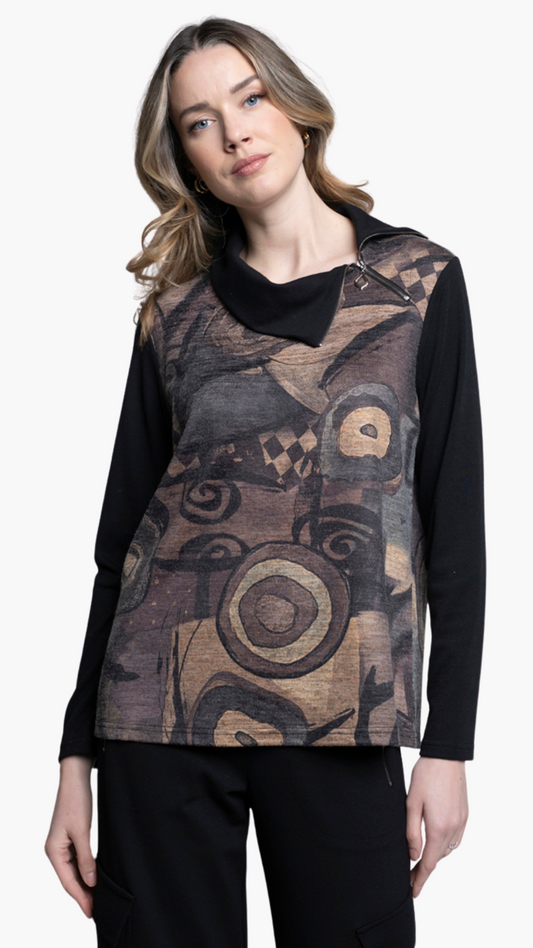 Zip Neck Printed Long Sleeve Top. Style PYLC112YH