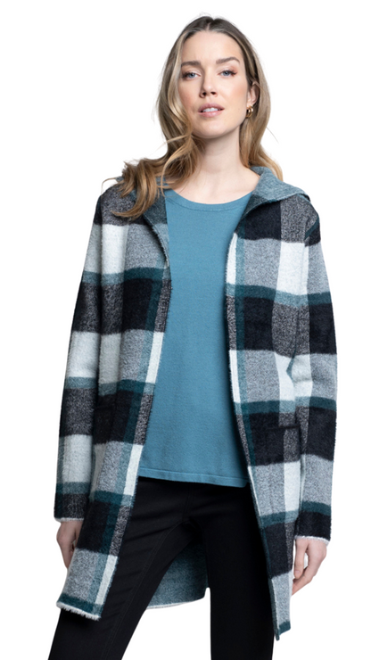 Hooded Plaid Open Front Cardigan. Style PYLK41210