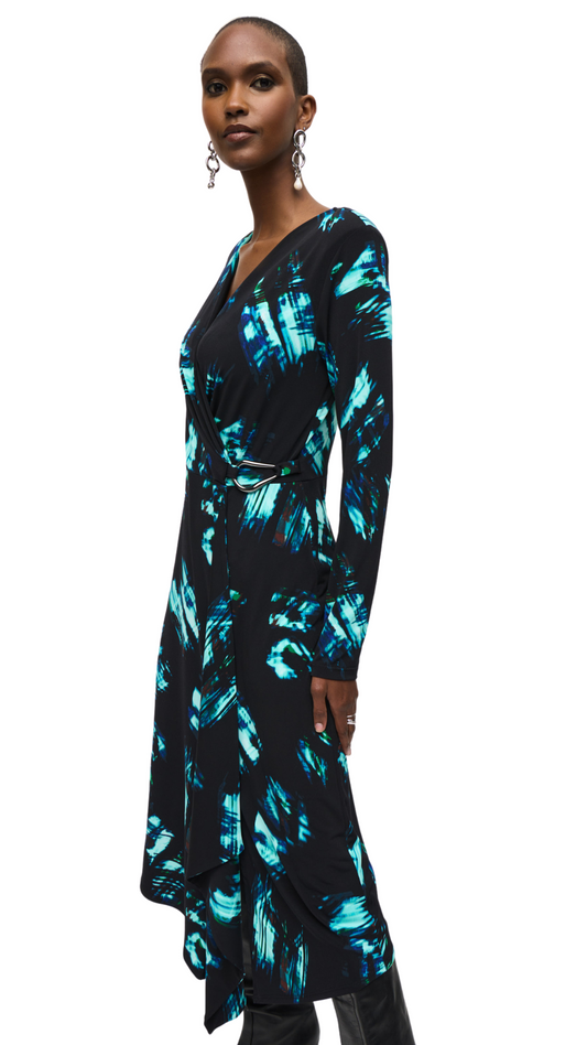 Silky Knit and Abstract Print Wrap Dress. Style JR243147