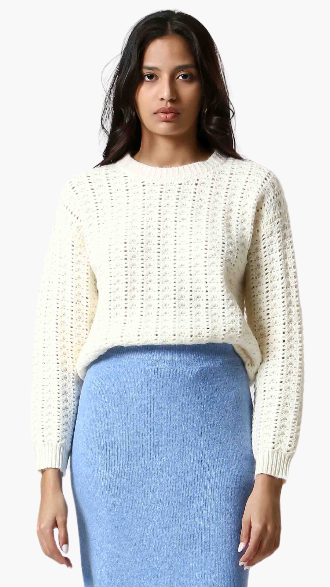 Pointelle Knit Drop Shoulder Sweater. Style KO24203328