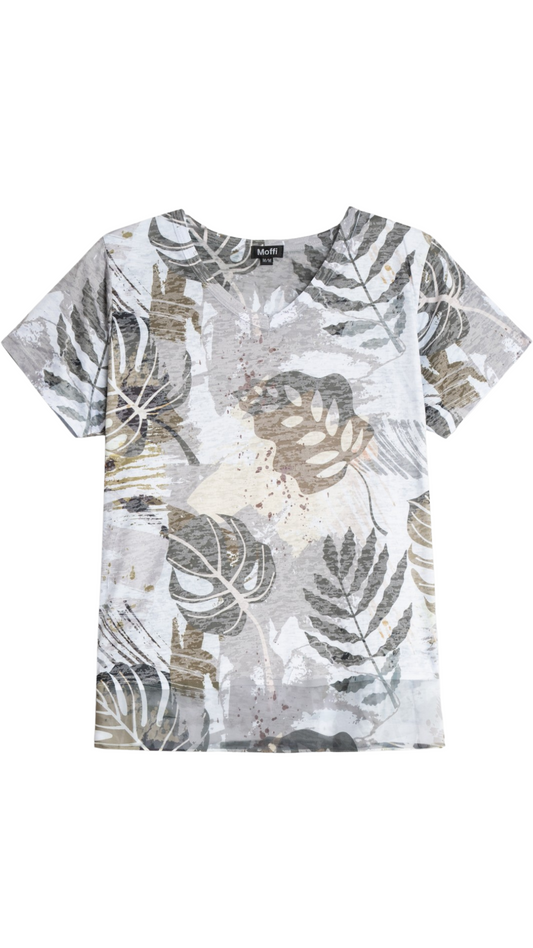 Abstract Green & Yellow Leaf Print Top. Style MIMX7246
