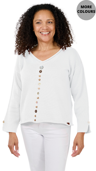 Decorative Button Rolled Edge Sweater. Style SHNP5348