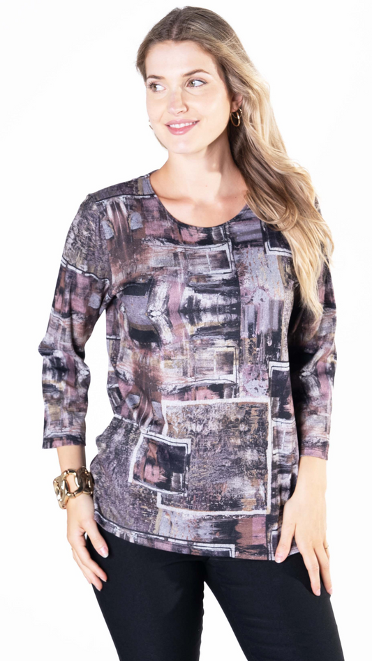 Crew Neck Printed 3/4 Sleeve Top. Style JDA4251-3