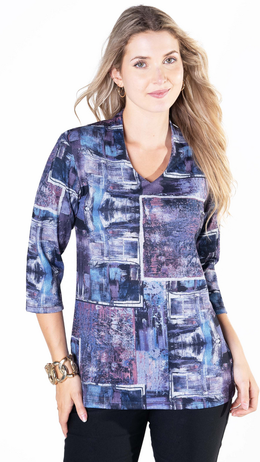 V-Neck Blue Abstract Print Top. Style JDA5291-2