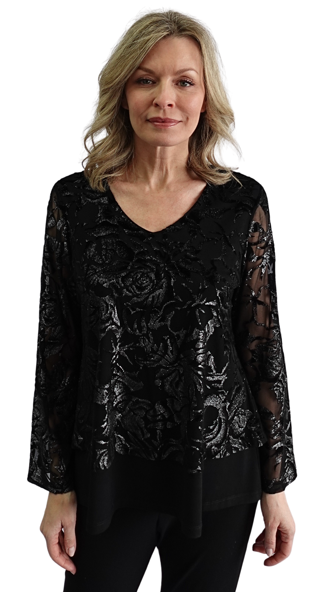 Floral Devoré Layered V-Neck Top. Style SW102003