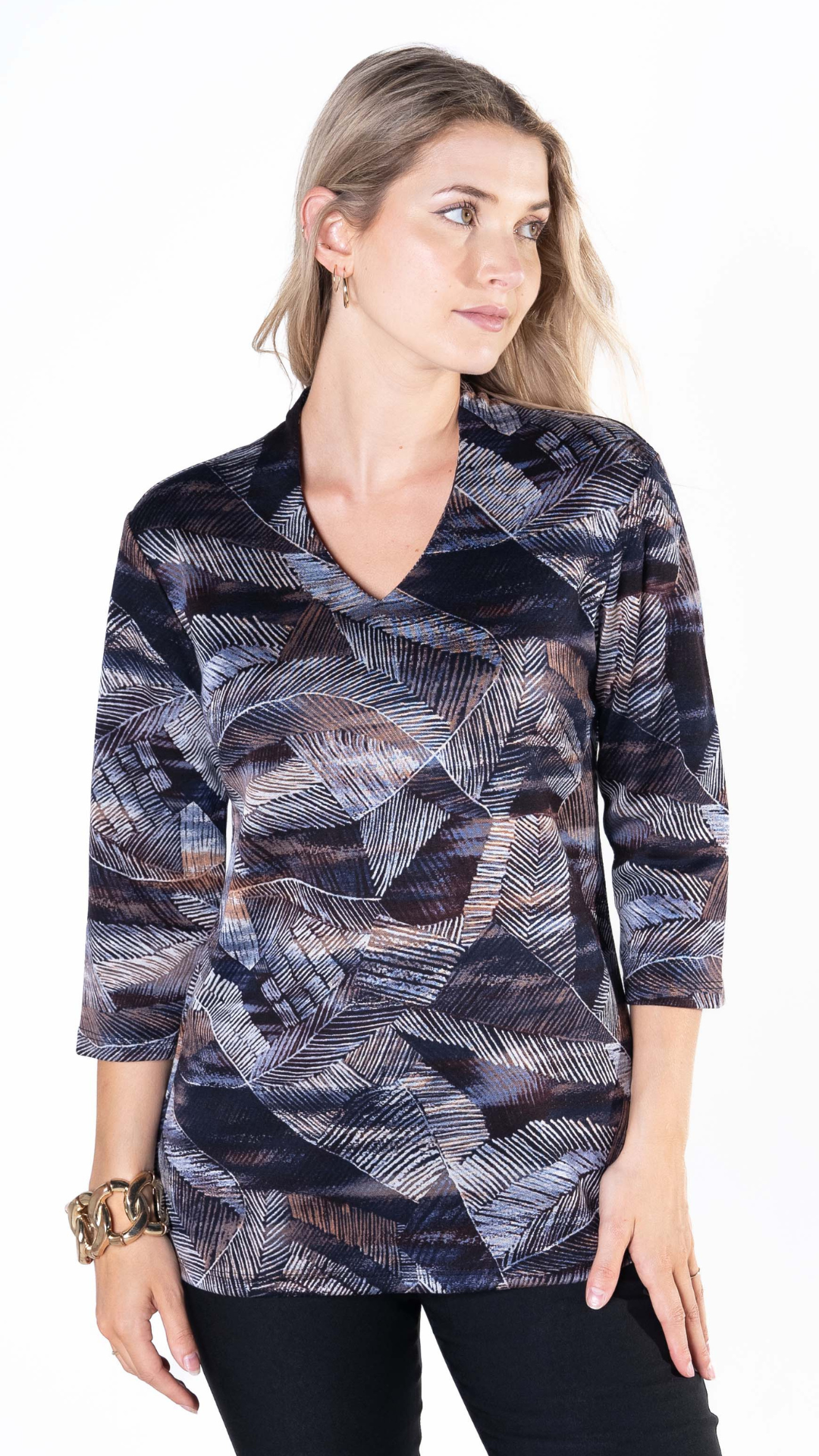 Leaf Print V-Neck Top. Style JDA5291-P11