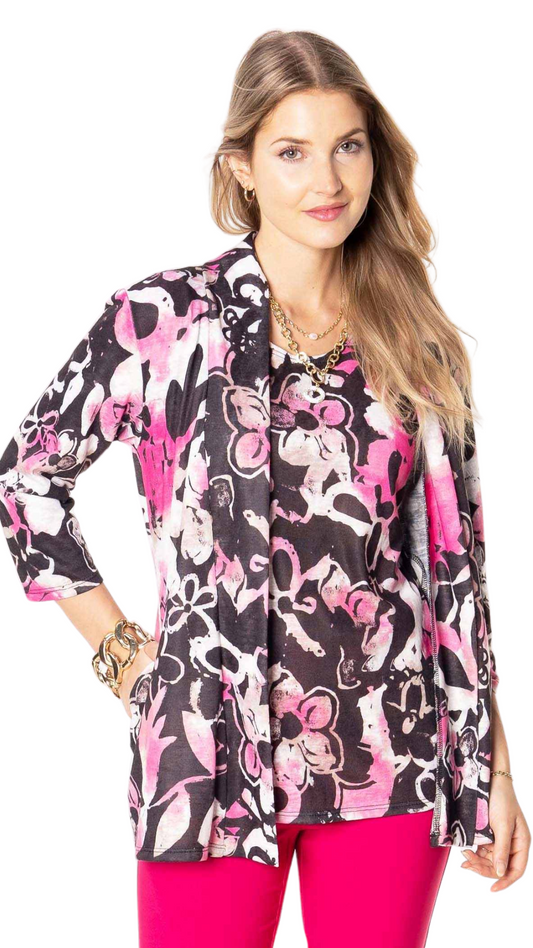 Plus Size Pink Multi Printed Cardigan. Style JDA8040-P27