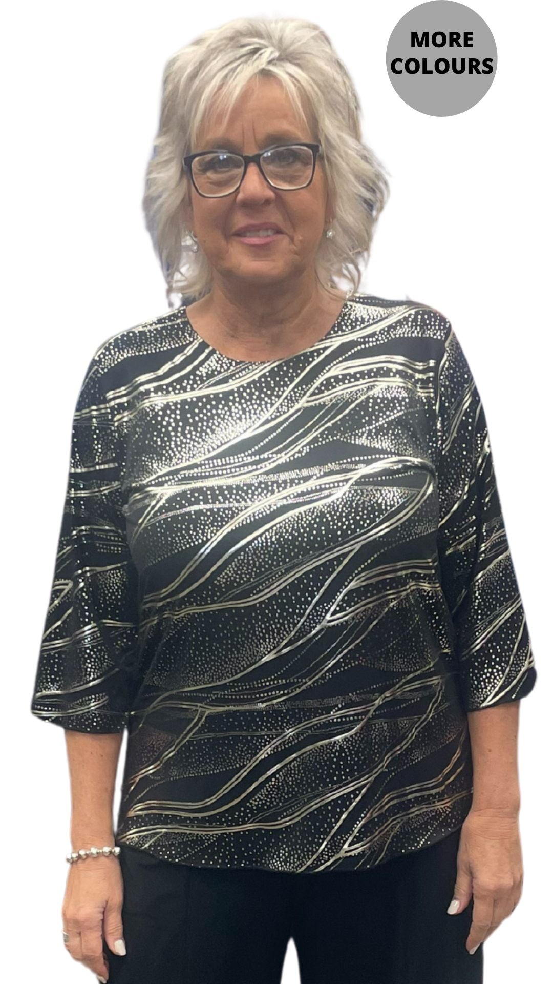 Gold Metallic Print 3/4 Sleeve Top. Style ELWTINA-032