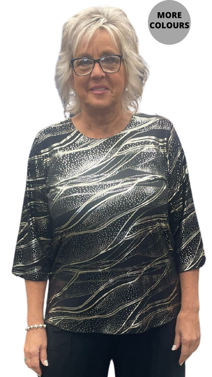 Gold Metallic Print 3/4 Sleeve Top. Style ELWTINA-032