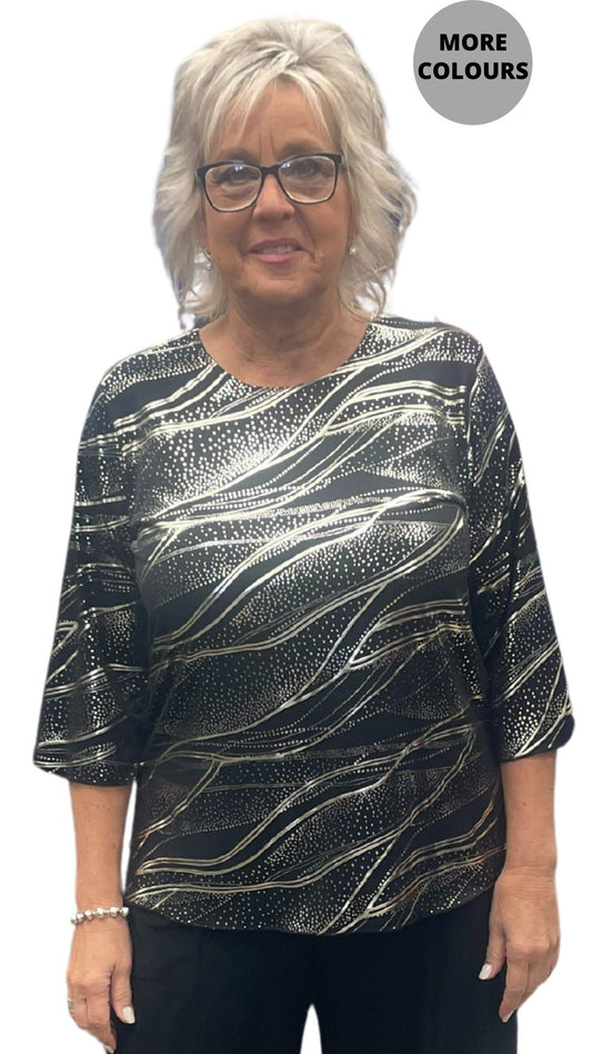 Gold Metallic Print 3/4 Sleeve Top. Style ELWTINA-032