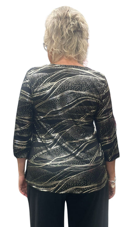 Gold Metallic Print 3/4 Sleeve Top. Style ELWTINA-032