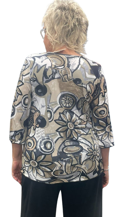 Neutral Tones Abstract Print 3/4 Sleeve Top. Style ELWTINA-478