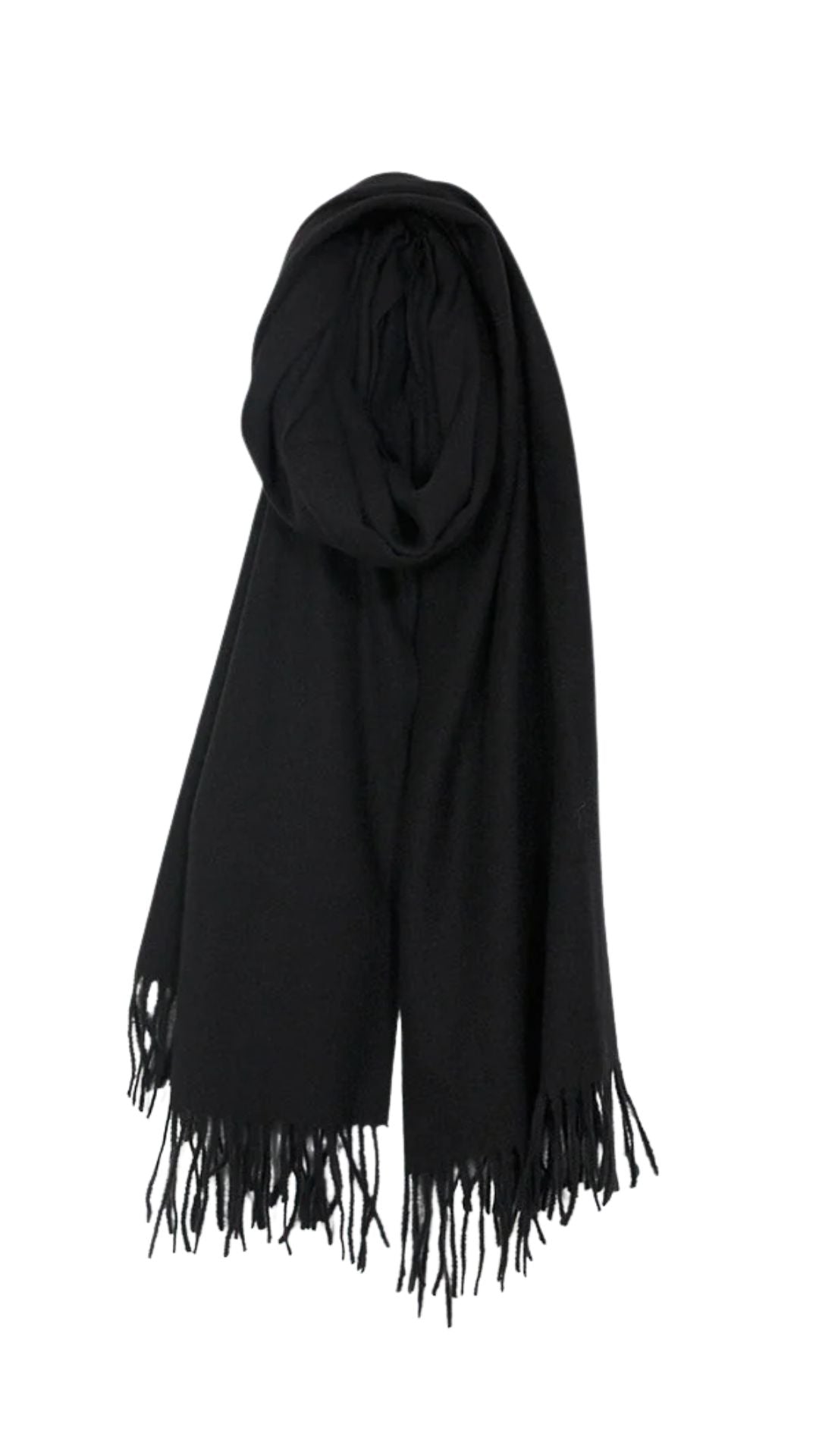 Solid Black Fringed Scarf. Style CARA6216-BLK