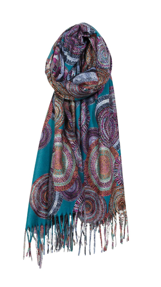 Purple & Turquoise Tones Geometric Print Fringed Scarf. Style CARA6210-TRQ