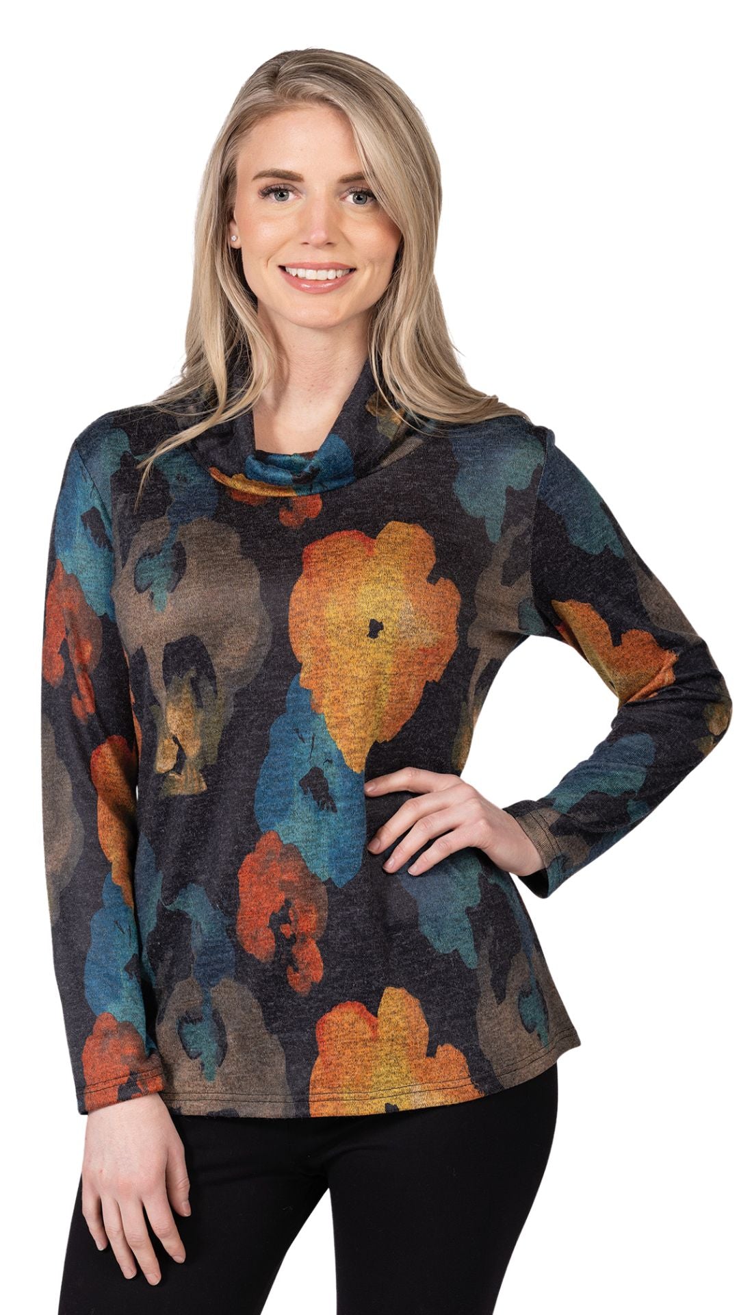 Floral Print Long Sleeve Cowl Neck Top. Style VARV4868