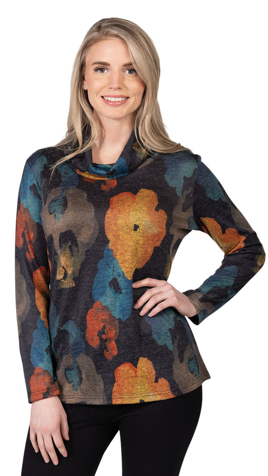 Floral Print Long Sleeve Cowl Neck Top. Style VARV4868