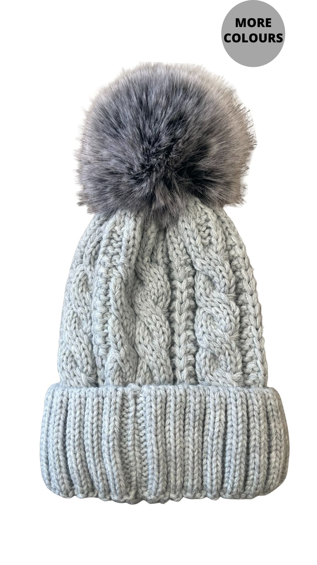 Lined Cable Knit Faux Fur Pompom Toque. Style ELWKAYLA8