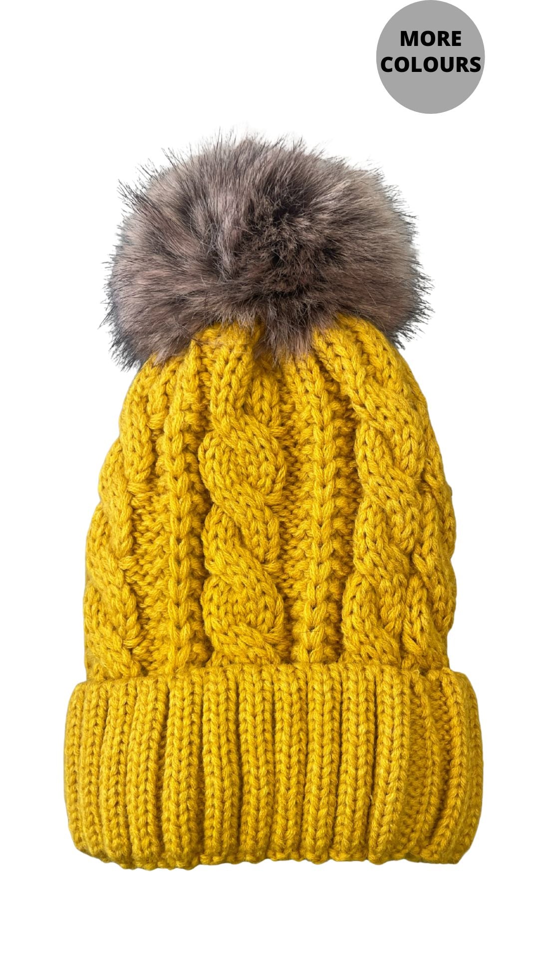 Lined Cable Knit Faux Fur Pompom Toque. Style ELWKAYLA8