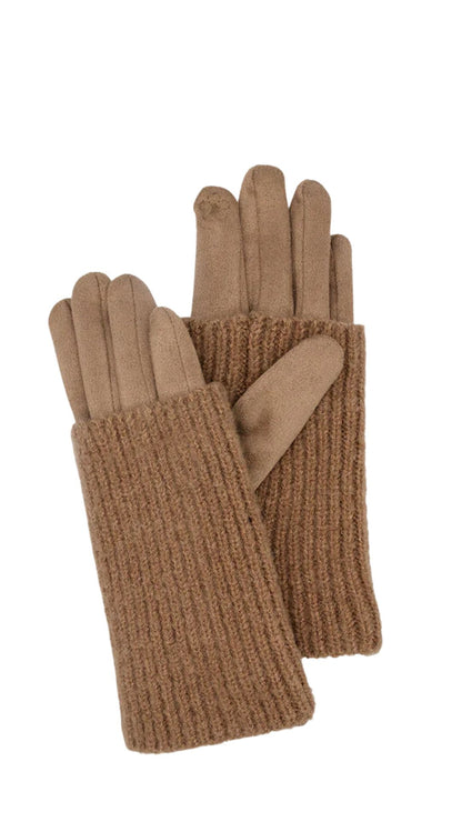 Detachable Ribbed Knit Wrist Warmer Faux Suede Gloves. Style CARA9010-BRN