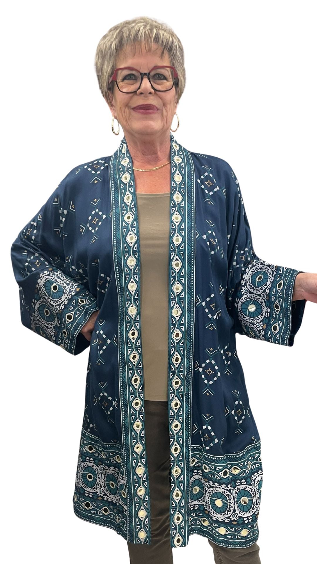 Tribal Print Gold Spots Kimono Style Cardigan. Style AUE42144