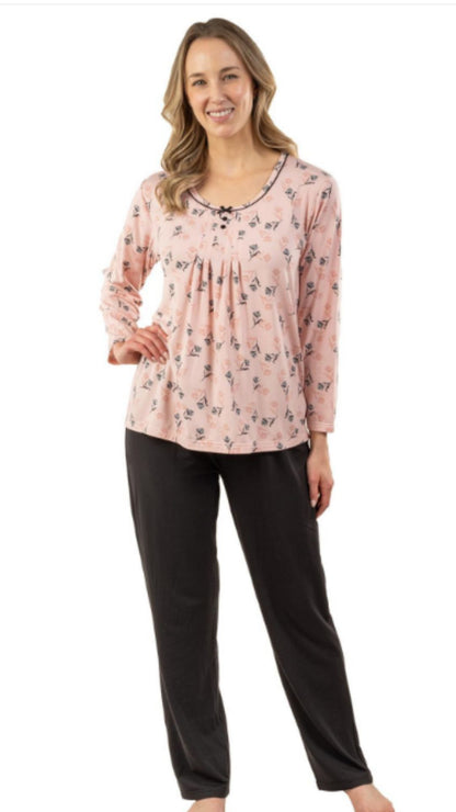 Floral Top & Black Bottoms 2 Piece PJ Set. Style PL123-1