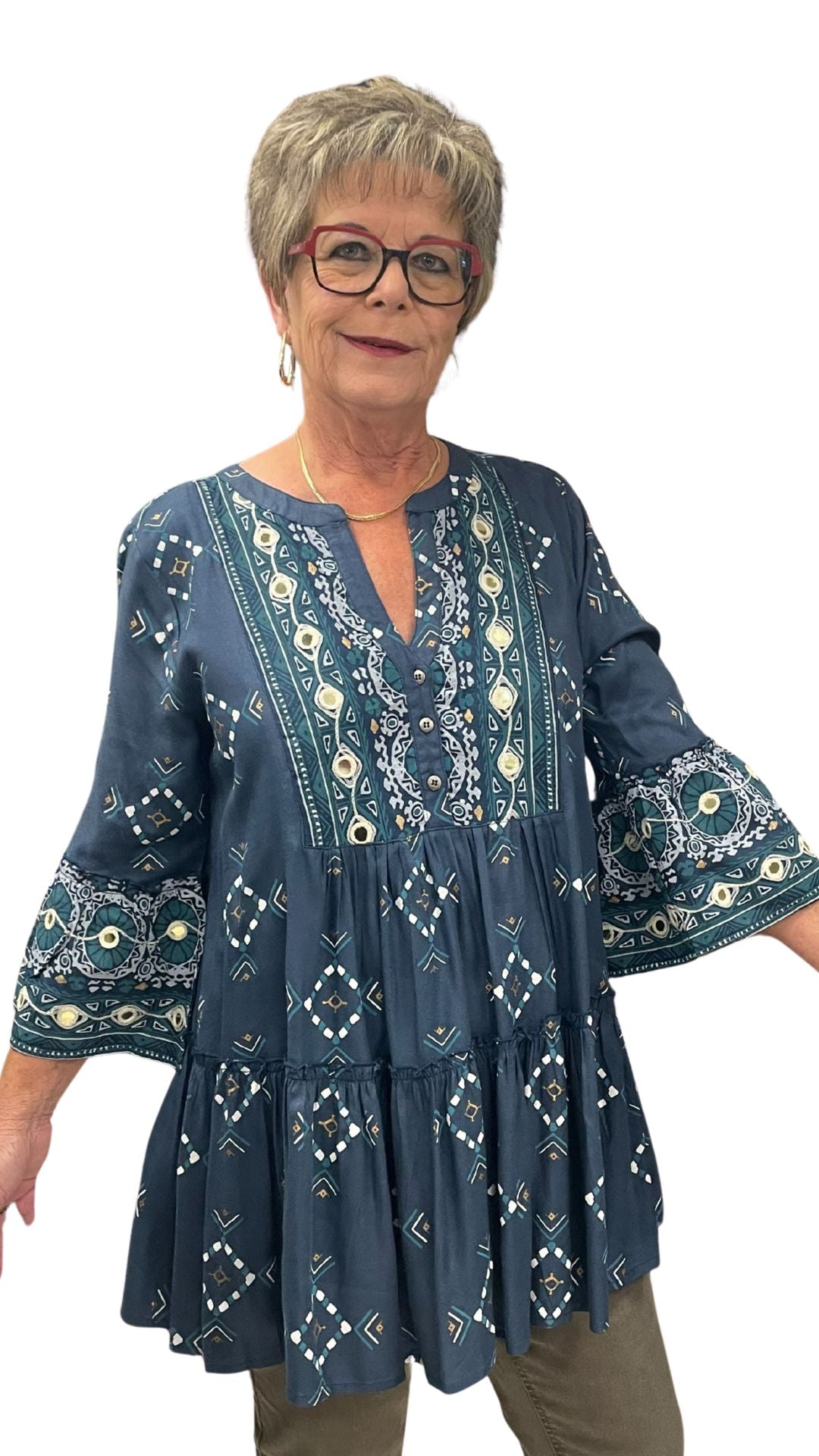 Notch Neck Flowy Sleeves Tribal Print Top. Style AUE42145