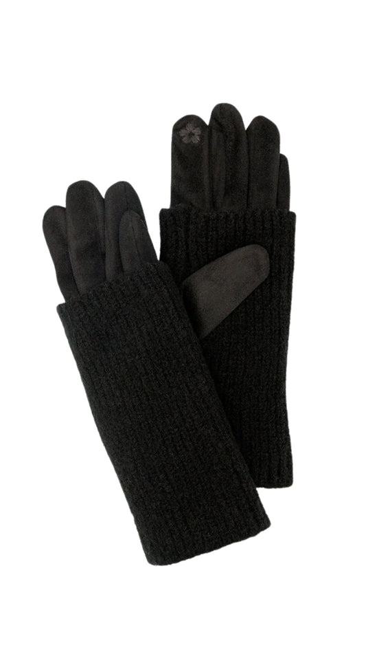 Detachable Ribbed Knit Wrist Warmer Faux Suede Gloves. Style CARA9010-BLK