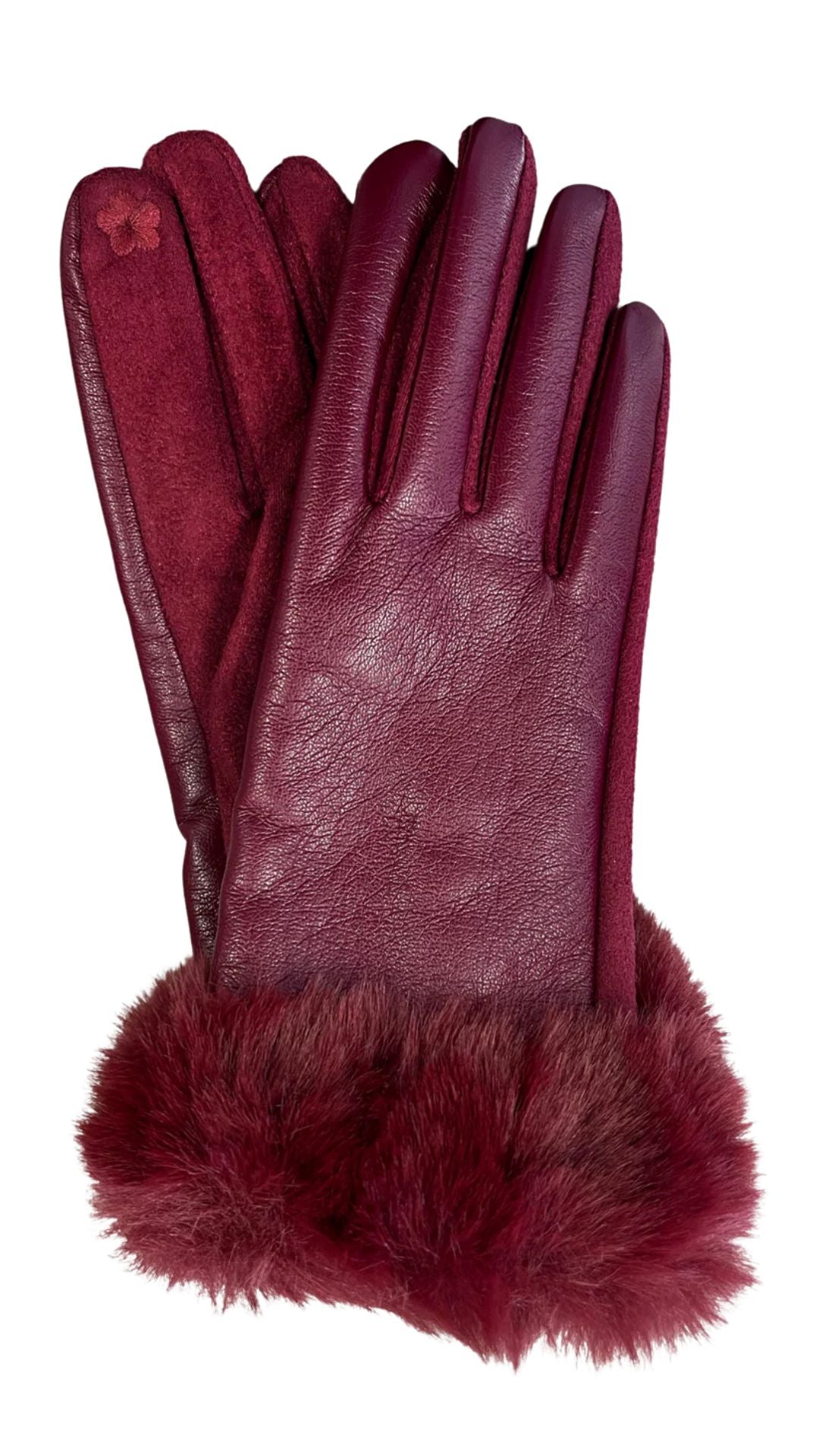 Vegan Leather Faux Fur Bordeau Gloves. Style ELWMILA28-BOR
