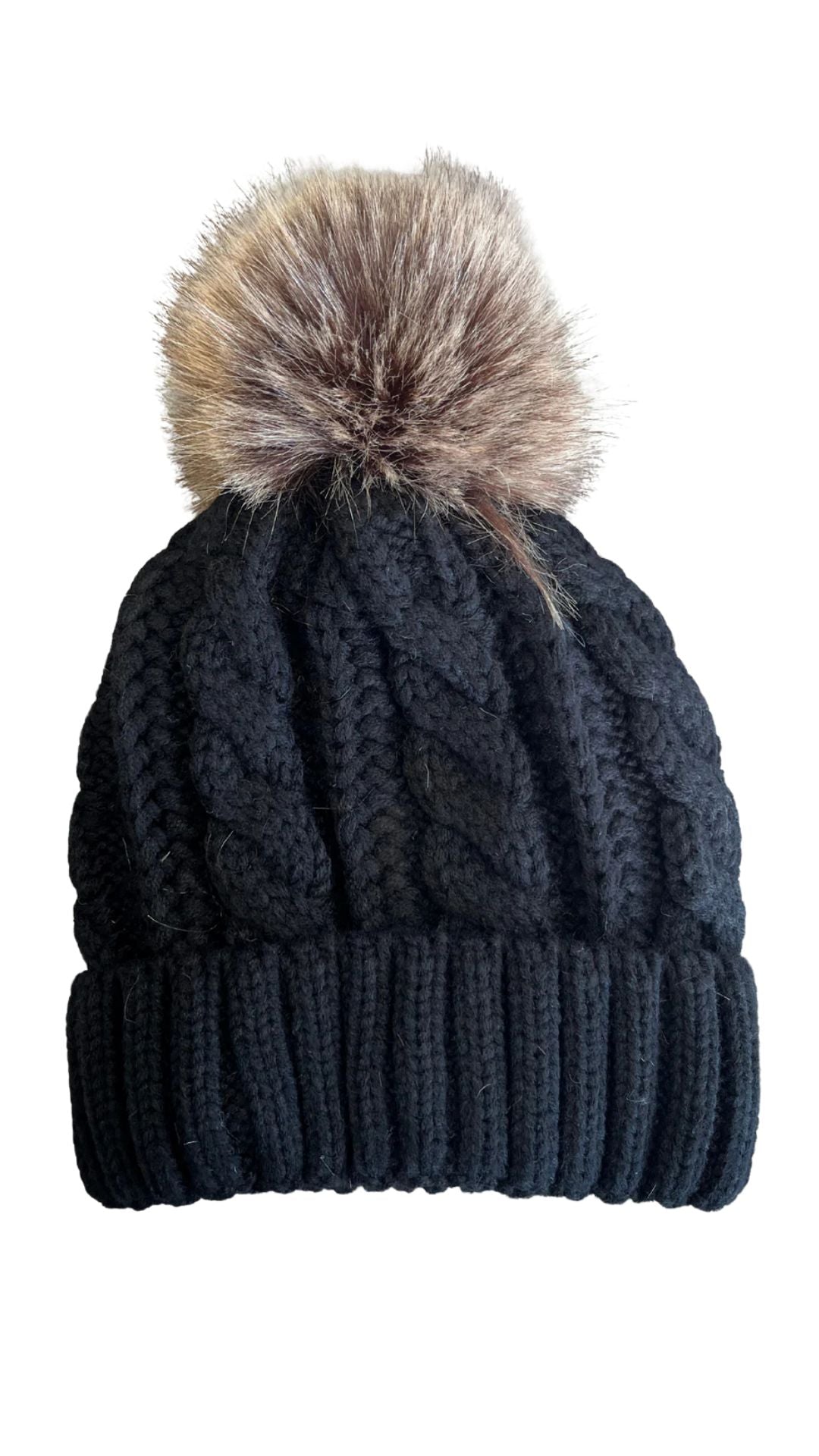 Black Cable Knit Toque with Fleece Lining. Style ELWKAYLA8-BLK
