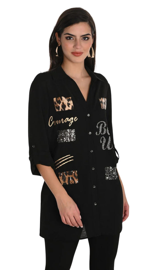 Rhinestone & Sequin 'Be Wild' Button-Up Shirt. Style FL253824