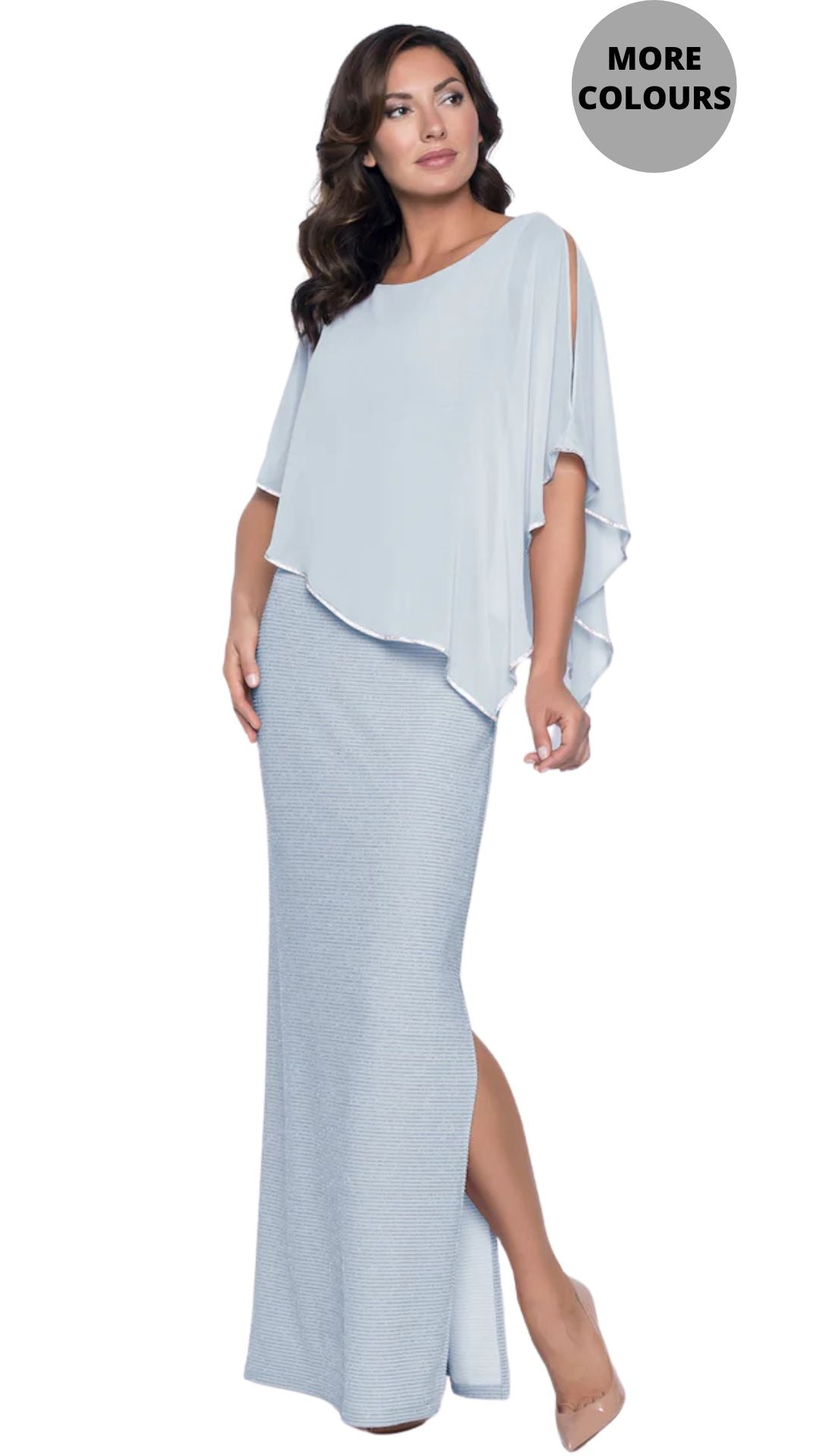 Chiffon Cape Overlay with Metallic Thread Ribbed Gown. Style FL179257