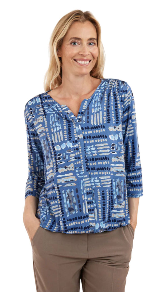 Notch Neck Elastic Hem Blue Abstract Print Top. Style BTX219239