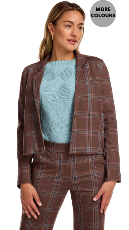 Cropped Plaid Print Blazer. Style FD1110459