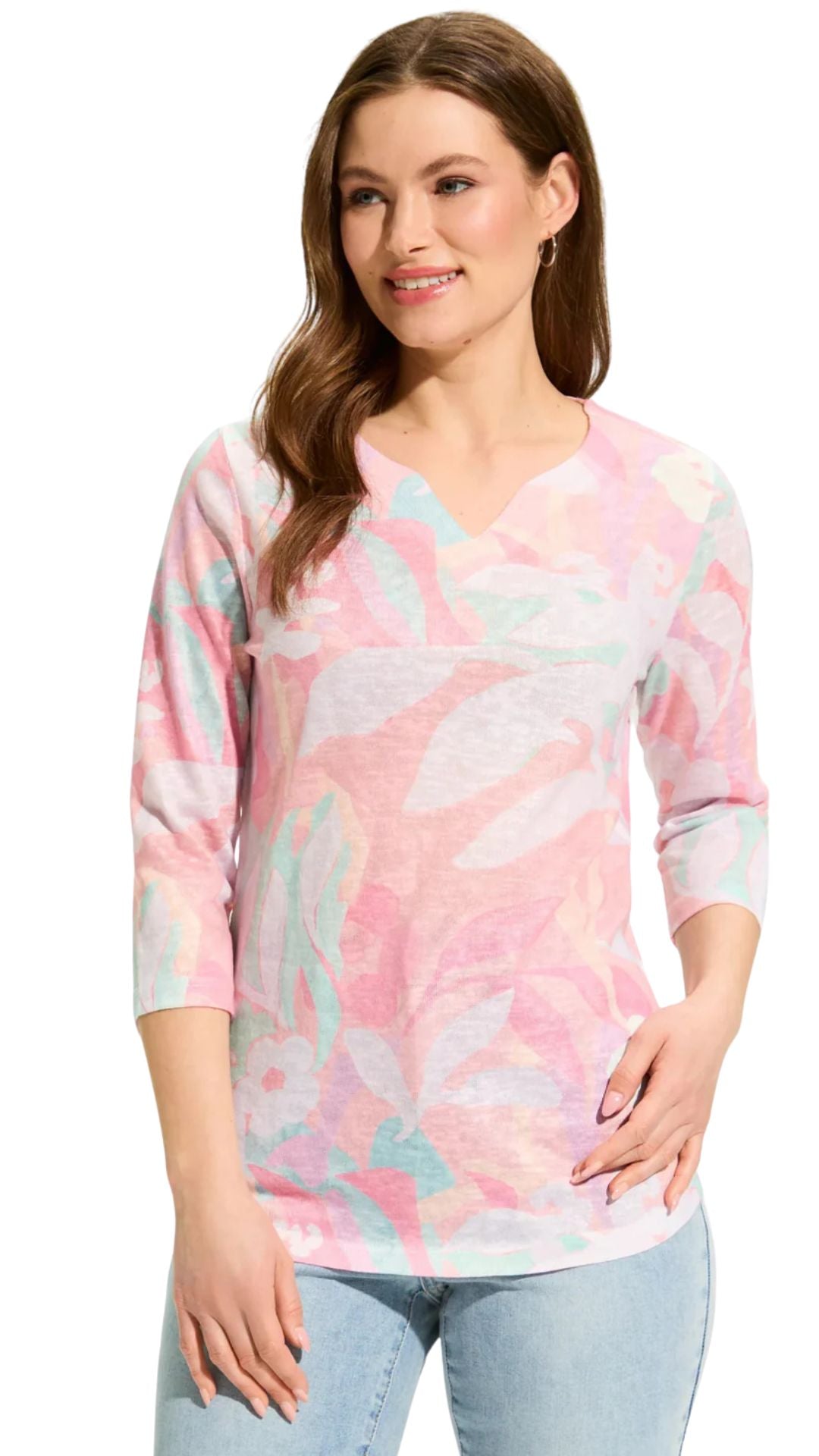 Camo Floral 3/4 Sleeve Notch Neck Top. Style FD3551451