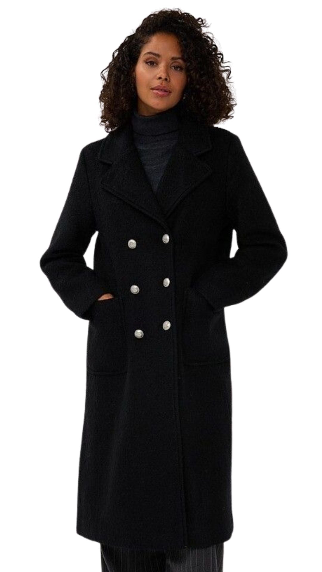 Double Breasted Black Button Up Coat. Style ESQ37510
