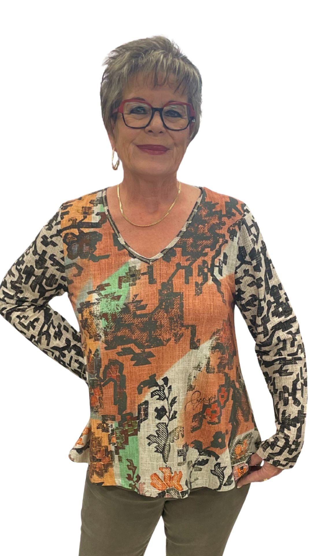 V-Neck Printed Sparkly Thread Details Top. Style AUE5200-V