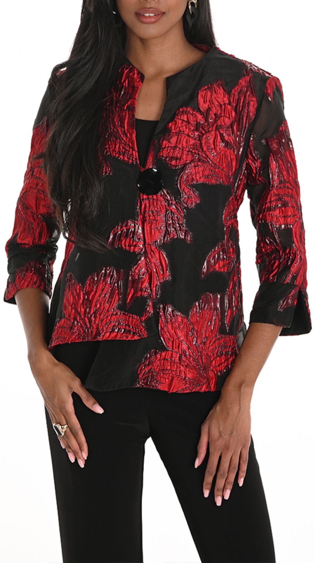 Textured Red & Black Floral Swing Jacket. Style FL259157