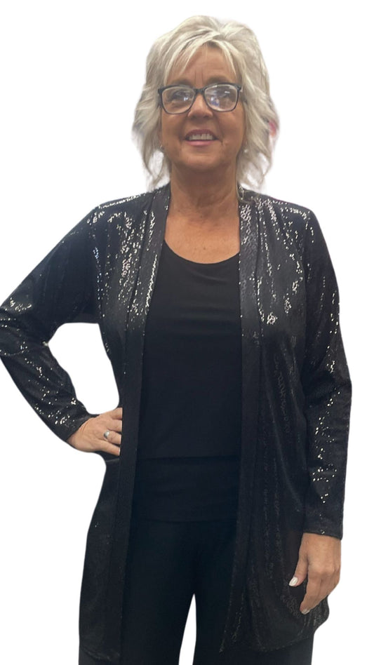 Sparkly Black Sequin Princess Cut Cardigan. Style ELWVIVIAN-021