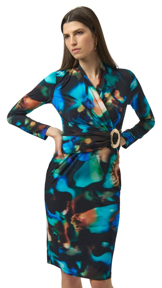 Abstract Print Gold Buckle Wrap Dress. Style JR254070