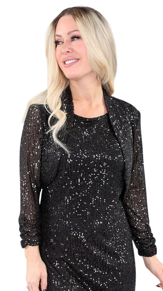 2 Piece Set Black Sequined Jacket & Dress. Style MT3900
