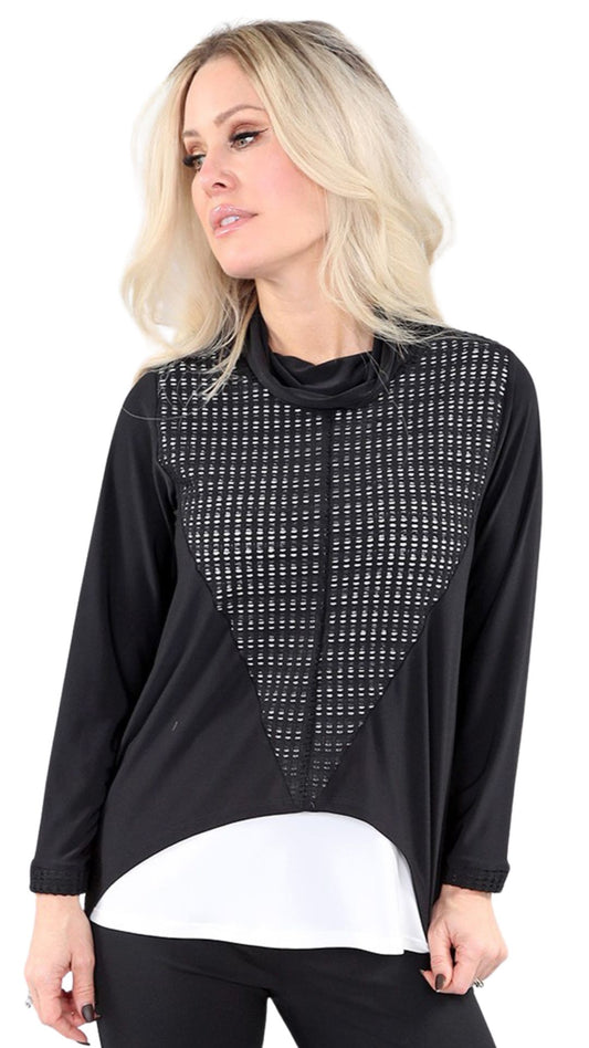 Cowl Neck Mesh Front Lace Cuff Top. Style MT25F1976