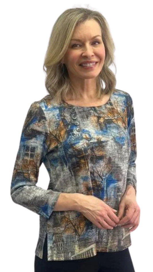 Button Detail Neckline Patterned Top. Style SW102963