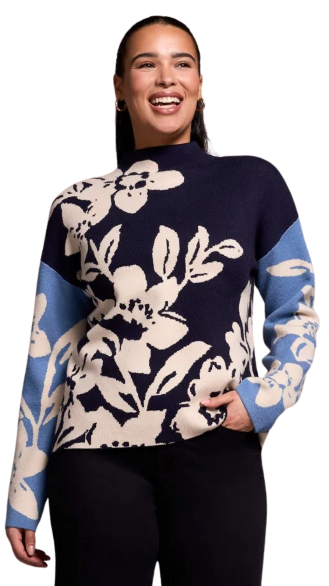 Floral Mock Neck Double Knit Sweater. Style TR1542O-8012