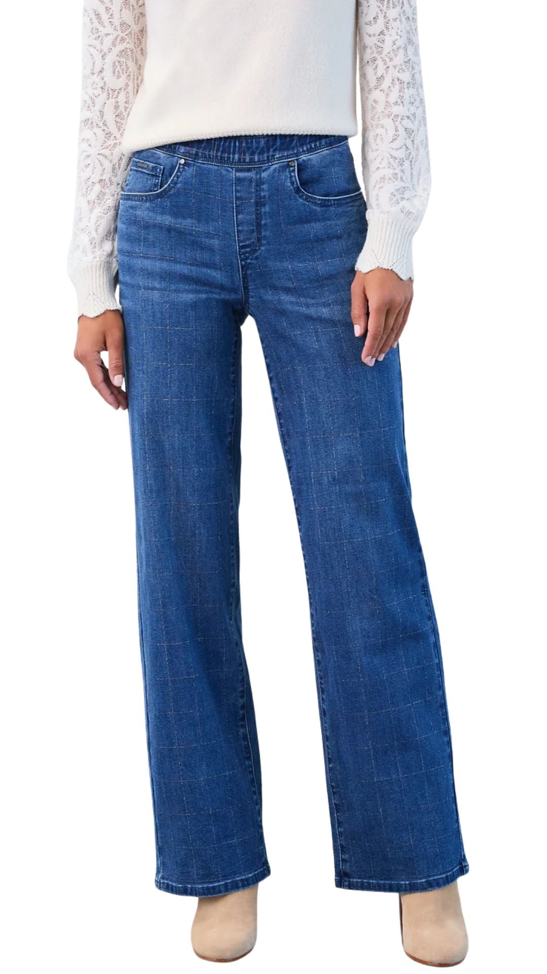 Pull-On Wide Leg Silver Checkered Jeans. Style FD2931669