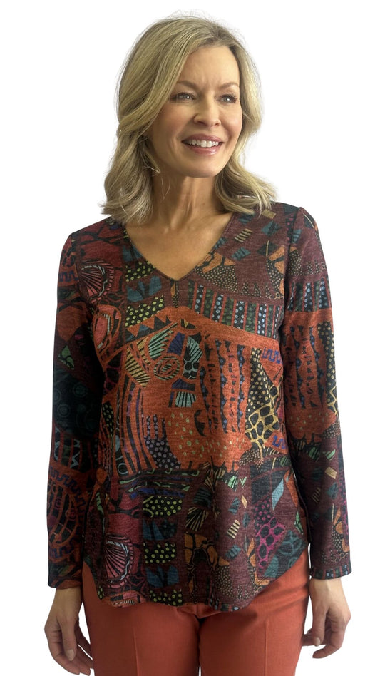 Patterned V-Neck Long Sleeve Top. Style SW102936