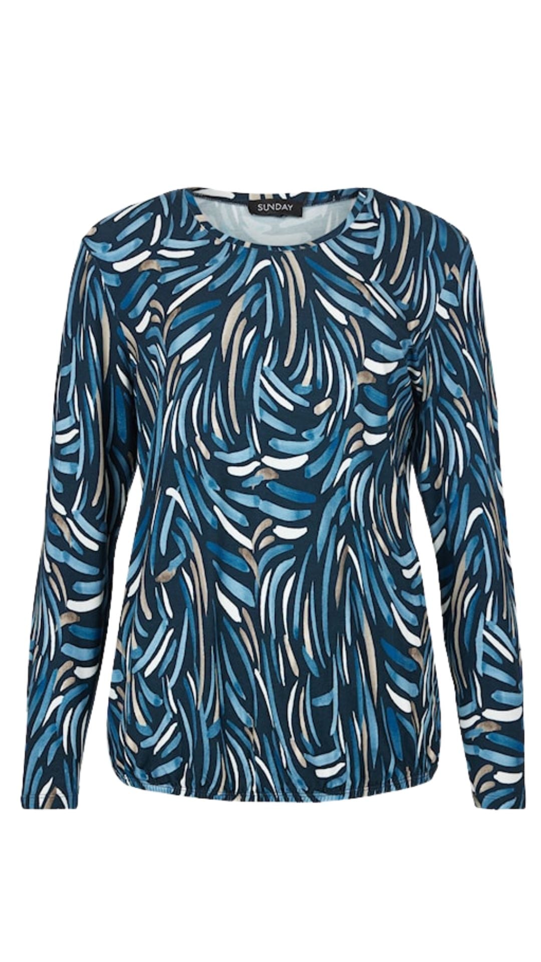 Round Neck Long Sleeve Blue Print Top. Style SUN6925