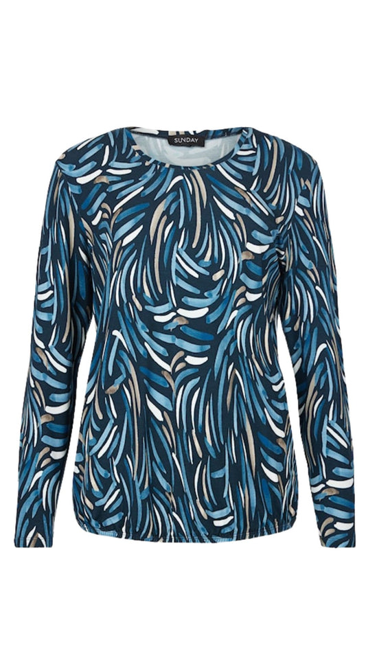 Round Neck Long Sleeve Blue Print Top. Style SUN6925