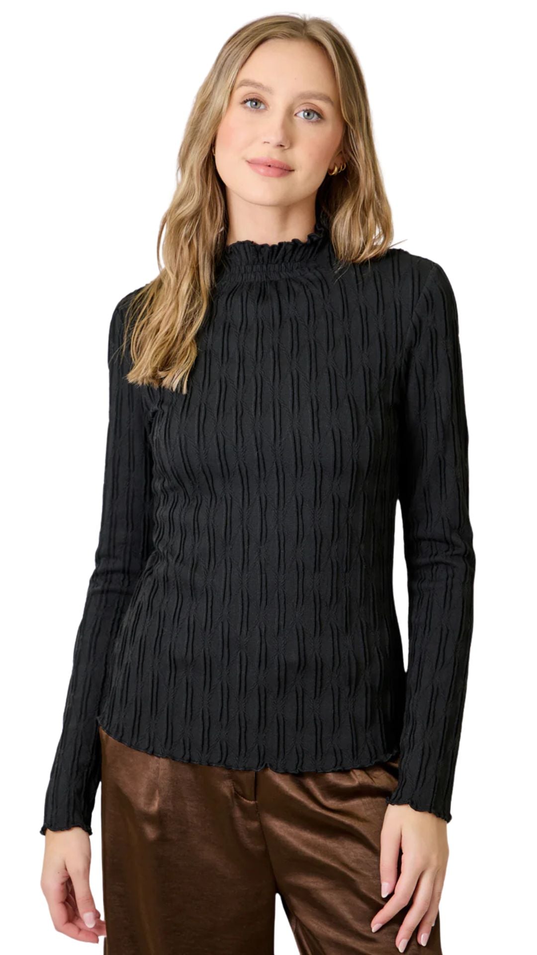 Lettuce Trim Textured Long Sleeve Top. Style MYS61147